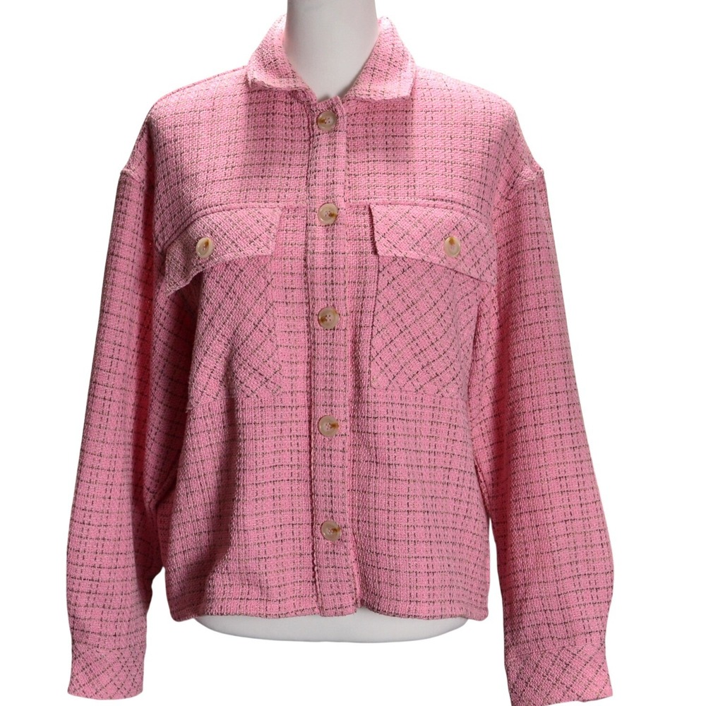 Entro Tweed Jacket Women Medium Pink Shacket Button Front Long Sleeve Granny